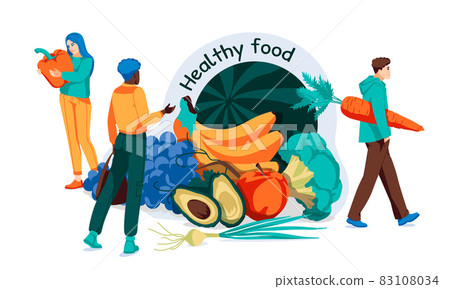 Big healthy set food of fruits and vegetables set small people who chosing and holding some  big vegetables. Grocery store, agriculture and vegetarian methaphor flat vector illustration 83108034