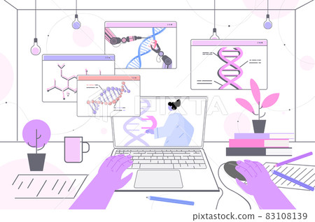 scientist analyzing DNA structure in web browser window researcher making experiment in online lab DNA testing genetic engineering 83108139