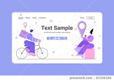 courier on bicycle delivering food or parcel to woman customer online delivery service concept horizontal 83108168