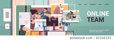 businesswoman discussing with colleagues in web browser windows during video call virtual conference online team 83108183