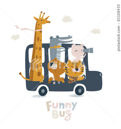 Cute london bus with animals in pastel colors. Lion cub, crocodile, jiraffe, bear illustration for newborn baby. Illustration with cute baby shower animal. Ideal for cards, poster, prints, anniversary 83108435