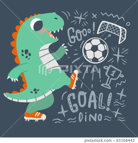 Cute little dinosaur Plays Soccer. Dino plays with ball on dark background vector illustration. Ideal for cards, poster, prints, anniversary, nursery clothing, kids room 83108442