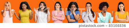 Set of young international pensive, scared, joyful and angry female isolated on orange background 83108836