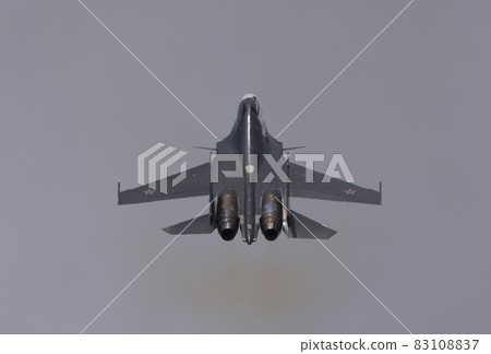 Moscow Russia Zhukovsky Airfield 25 July 2021: aerobatic Su-30 perfoming demonstration flight of the international aerospace salon MAKS-2021 83108837
