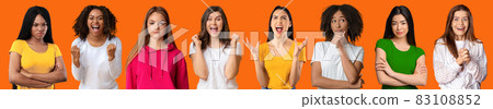 Set of millennial beautiful cheerful, excited, calm, angry and sad multicultural women Set of millennial beautiful cheerful, excited, calm, angry and sad multicultural women 83108852