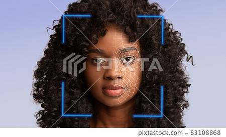 Close up of face recognition with modern technology, portrait of serious millennial african american woman Close up of face recognition with modern technology, portrait of serious millennial african american woman 83108868