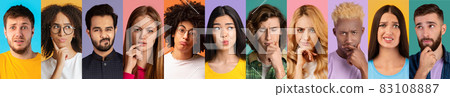 Diverse Doubtful Multicultural People With Pensive Face Expressions Over Colorful Backgrounds Diverse Doubtful Multicultural People With Pensive Face Expressions Over Colorful Backgrounds 83108887
