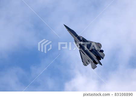 Moscow Russia Zhukovsky Airfield 25 July 2021: Demonstration of the latest Russian SU-57 fighterof the international aerospace salon MAKS-2021 Moscow Russia Zhukovsky Airfield 25 July 2021: Demonstration of the latest Russian SU-57 fighterof the international aerospace salon MAKS-2021 83108890