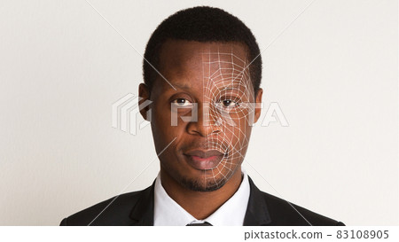 Portrait of millennial afro american man, digital authentication, isolated on white background Portrait of millennial afro american man, digital authentication, isolated on white background 83108905