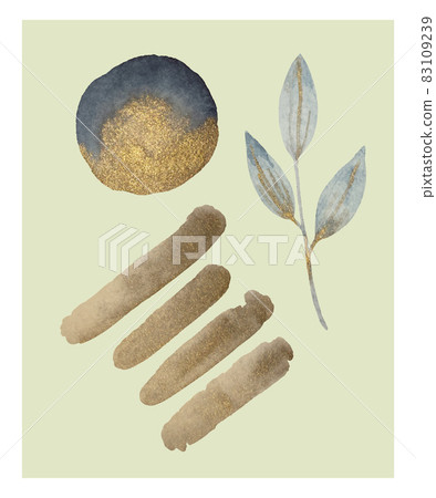 Abstract composition with watercolor golden round shapes and nature elements. Contemporary art interior poster or design template. Abstract composition with watercolor golden round shapes and nature elements. Contemporary art interior poster or design template. 83109239