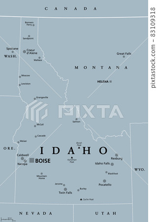 Idaho, ID, gray political map with capital Boise, borders, important cities, rivers and lakes. State in the Pacific Northwest region of the Western United States of America nicknamed Gem State. Vector 83109318