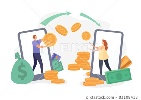 Flat characters transfer money with smartphone wallet app. Instant payment receiving, mobile bank transaction, cashback pay vector concept 83109418