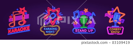 Neon signs for karaoke club and stand up comedy show. Music and song singing party night glowing logos. Karaoke bar event poster vector set 83109419