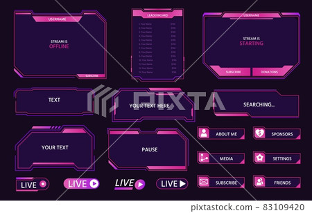 Live stream interface overlay frames for gamer broadcast. Cyber hud screen, panels, buttons and icons design for game streaming vector set 83109420