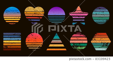 Retro striped sunset prints in heart, star and circle shapes. 80s t-shirt design with beach sunrise. Geometric sea surfing logo vector set Retro striped sunset prints in heart, star and circle shapes. 80s t-shirt design with beach sunrise. Geometric sea surfing logo vector set 83109423
