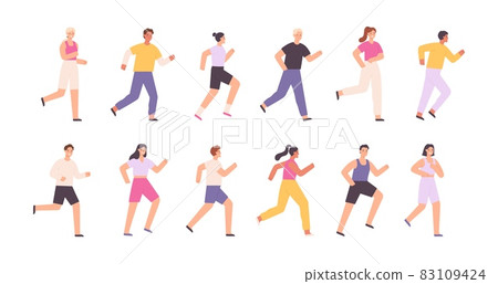 Cartoon athlete characters jogging, running marathon or race. Runners on sport event. Healthy lifestyle activity. People exercise vector set Cartoon athlete characters jogging, running marathon or race. Runners on sport event. Healthy lifestyle activity. People exercise vector set 83109424