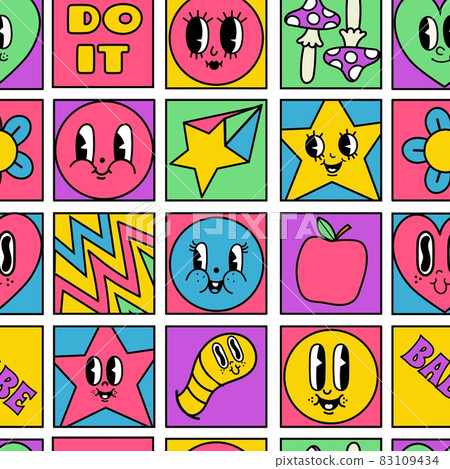 Funny crazy characters seamless squares mosaic pattern. Geometric psychedelic comic shapes with 50s retro cartoon faces vector wallpaper set 83109434