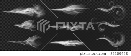 Realistic wind blow swirls, smoke air or hot steam. Curved flow waves, mist, aroma or perfume clouds effect. White blowing stream vector set Realistic wind blow swirls, smoke air or hot steam. Curved flow waves, mist, aroma or perfume clouds effect. White blowing stream vector set 83109438