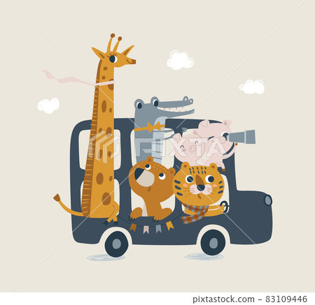 Cute london bus with animals in pastel colors. Lion cub, crocodile, jiraffe, bear illustration for newborn baby. Illustration with cute baby shower animal. Ideal for cards, poster, prints, anniversary 83109446