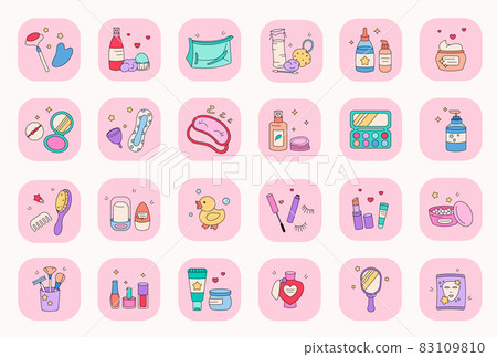 Cute cartoon beauty products icon set. Korean doodle cosmetic vector icons. Cosmetics doodle cute stuff - deodorant, mirror, cosmetic cream, beauty puff, face wash, skincare, lipstick, massage tool. 83109810