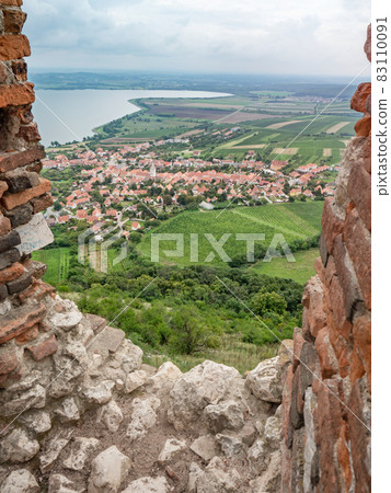 Devicky castle window into landscape of Nove Mlyny dam, South Moravia, Czechia Devicky castle window into landscape of Nove Mlyny dam, South Moravia, Czechia 83110091