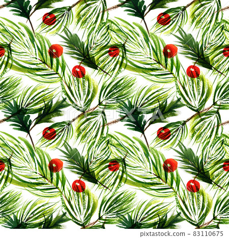 Christmas tree branchts and winter berries seamless pattern Christmas tree branchts and winter berries seamless pattern 83110675