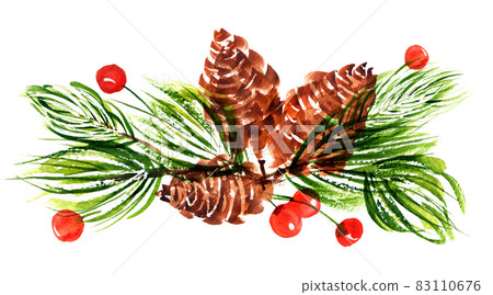Bouquet of New year tree branches and cones and holly berries Bouquet of New year tree branches and cones and holly berries 83110676