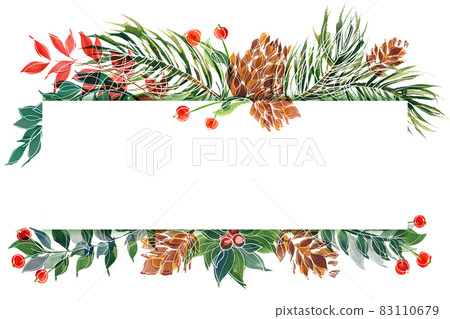 Christmas watercolor pine and holly and winter plants card Christmas watercolor pine and holly and winter plants card 83110679