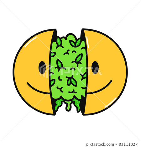 Two half of smile face with cannabis bud inside. Vector hand drawn doodle cartoon character illustration. Isolated on white background. Smile face, marijuana,weed print for t-shirt,poster,card concept Two half of smile face with cannabis bud inside. Vector hand drawn doodle cartoon character illustration. Isolated on white background. Smile face, marijuana,weed print for t-shirt,poster,card concept 83111027