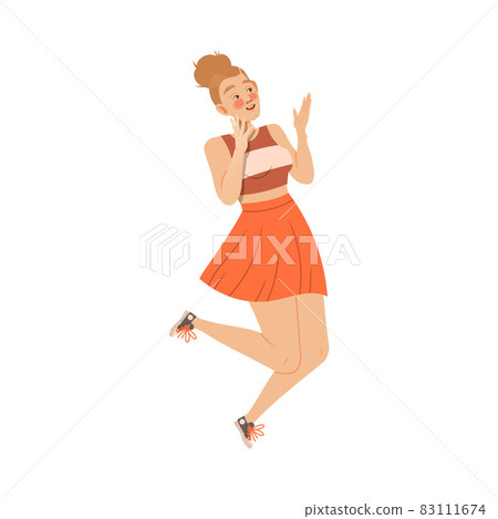 Excited Flushed Woman Jumping with Joy and Gasping in Excitement Cheering About Something Vector Illustration 83111674