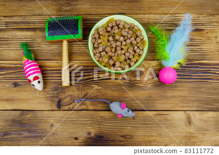 Canned cat food in bowl, cat toys and pet slicker brush on wooden background. Top view. Pet care concept Canned cat food in bowl, cat toys and pet slicker brush on wooden background. Top view. Pet care concept 83111772