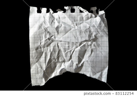 Checkered stripes white wrinkled torn page paper, isolated on black background Checkered stripes white wrinkled torn page paper, isolated on black background 83112254
