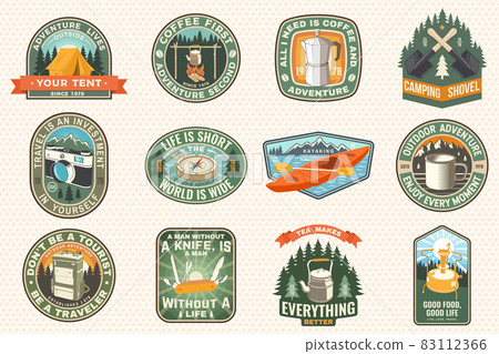 Summer camp with design elements. Vector illustration. Camping and outdoor adventure emblems. Typography design with retro camping tea kettle, pocket knife, camping tent, mug and forest silhouette. 83112366