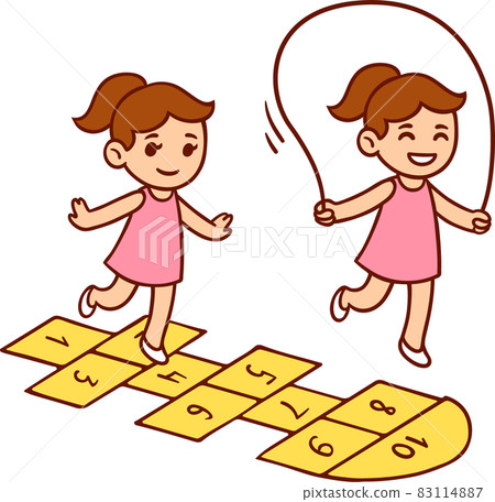 Cute little girl playing hopscotch and jumping rope 83114887