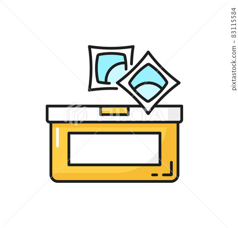 Dishwasher tabs or laundry gel tablets isolated color line icon. Vector dishwasher pods and container packaging, chemical soap supplements. Pair of plastic capsules with washing and cleaning detergent 83115584