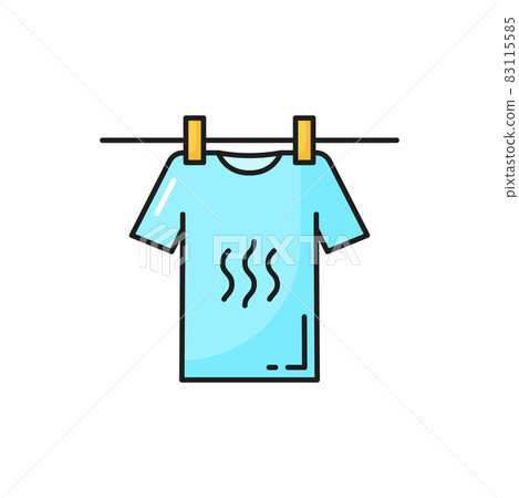 T-shirt hanging on clothesline with cloth pins isolated color line icon. Vector washing cloth, clothes line with dry apparel. Drying clean boy or girl shirt hang on linen rope on wooden clothespins T-shirt hanging on clothesline with cloth pins isolated color line icon. Vector washing cloth, clothes line with dry apparel. Drying clean boy or girl shirt hang on linen rope on wooden clothespins 83115585