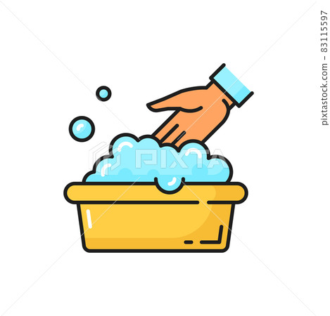 Hand wash sign isolated color line icon. Vector washbowl with foam bubbles, information emblem. Not machine washable symbol, washing at 30 degrees only. Laundry wash and water drops, human palm Hand wash sign isolated color line icon. Vector washbowl with foam bubbles, information emblem. Not machine washable symbol, washing at 30 degrees only. Laundry wash and water drops, human palm 83115597
