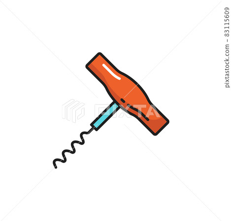 Wine bottle opener isolated corkscrew color line icon. Vector twisted spin to open wine with red wooden handle. Object to uncork drinks and beverages, metal kitchenware utensil, winery twisted tool 83115609