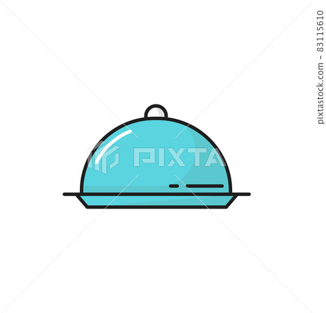 Dome shape tray with cover, blue kitchen serving cloche isolated line icon.Vector secret platter for serving food, flatware kitchen utensil object on banquets. Restaurant cloche with lid, plate 83115610