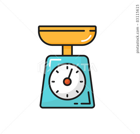 Kitchen scales food measuring device isolated color line icon. Vector weighing libra appliances, culinary measure tool. Food measuring device, kitchenware equipment, equilibrium ounce weight balance 83115615