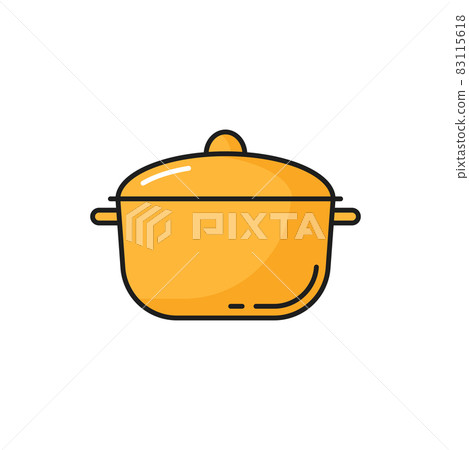 Saucepan, yellow kitchenware cooking pot isolated line icon. Vector metal large dishware object to boil water, prepare soup, stew food on steam. Stainless steel chef saucepan cookware item, casserole 83115618