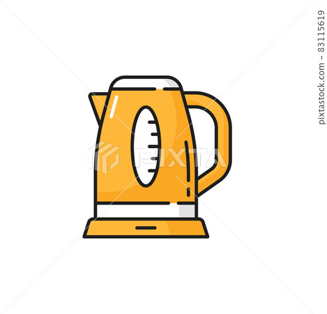 Electric tea kettle boiler isolated color line icon. Vector yellow plastic or metal boiler, steel teakettle to boil water. Teapot household appliance, electronic device for bowling with handle 83115619