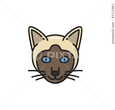 Cat animal face portrait, siamese kitten isolated color line icon. Vector asian Thailand feline domestic animal head. Funny happy cat head portrait, fur face portrait of thai kitten with mustaches 83115661