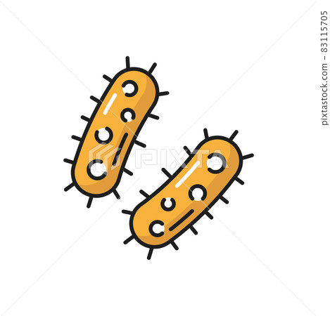 Virus infection bacteria, yellow macro cell isolated color line icon. Vector genome microscopic microbiology organism. Microorganism, pathogen bacillus microscopic gene in stomach or intestines Virus infection bacteria, yellow macro cell isolated color line icon. Vector genome microscopic microbiology organism. Microorganism, pathogen bacillus microscopic gene in stomach or intestines 83115705