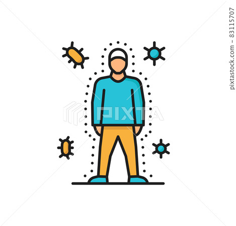 Immune system, health bacteria virus protection isolated color line icon. Vector healthy man reflect bacteria attack with shield. Boost immunity, medicine and healthcare. Medical prevention human germ 83115707