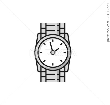 Wrist watch elegant men Swiss clock isolated flat line icon. Vector watch on metal shape silver or platinum strap belt, face with arrows, pointers or hands, ornate clock, elegant man accessory 83115779