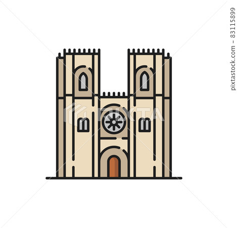 Portugal catholic religion cathedral isolated color church flat line icon. Vector exterior design of medieval church with entrance and windows, two tower religious landmark, facade with star 83115899
