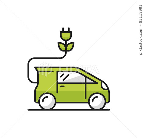 Green eco car with charge plug isolated hybrid vehicle thin line icon. Vector automobile on battery, electricity auto. Ecology and environment save transport, innovations and new technologies concept 83115993