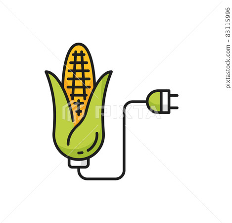Corn biofuel and electric plug isolated color thin line icon. Vector green energy vegetable fossil, renewable energy source. Alternative environment friendly fuel, biorefinery maize biodiesel color Corn biofuel and electric plug isolated color thin line icon. Vector green energy vegetable fossil, renewable energy source. Alternative environment friendly fuel, biorefinery maize biodiesel color 83115996