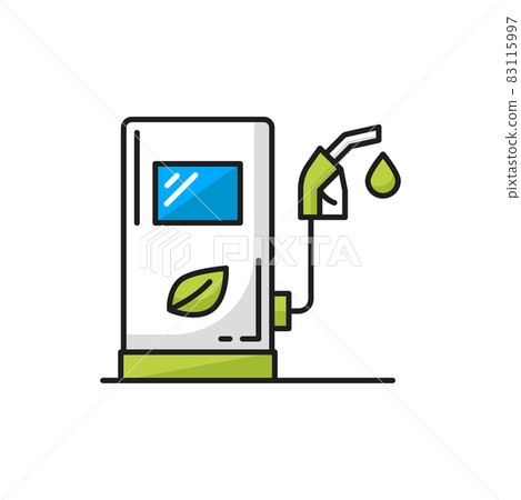 Fuel service station with eco friendly biodizel isolated color line icon. Vector charging station for electrical car, green drive color sign. Station service with biodizel fill. Eco friendly transport Fuel service station with eco friendly biodizel isolated color line icon. Vector charging station for electrical car, green drive color sign. Station service with biodizel fill. Eco friendly transport 83115997